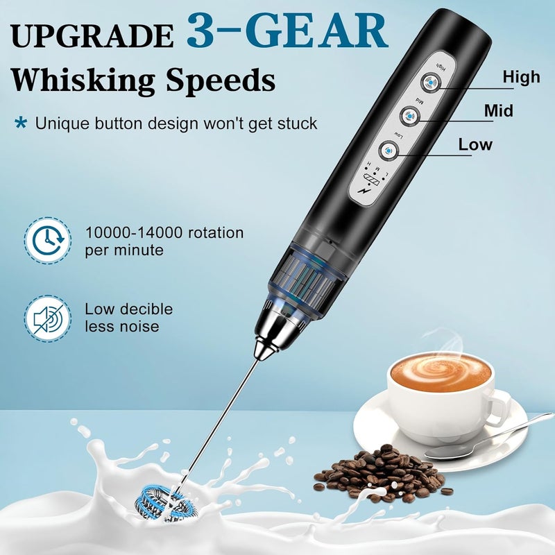 BSRGMS Milk Frother Handheld for Coffee, Electric Whisk 3 Speed Adjustable, Drink Mixer with Stainless 3 Whisks, Rechargeable Hand Frother Wand, Foam Maker for Latte Cappuccino Hot Chocolate Egg Black - Image 3